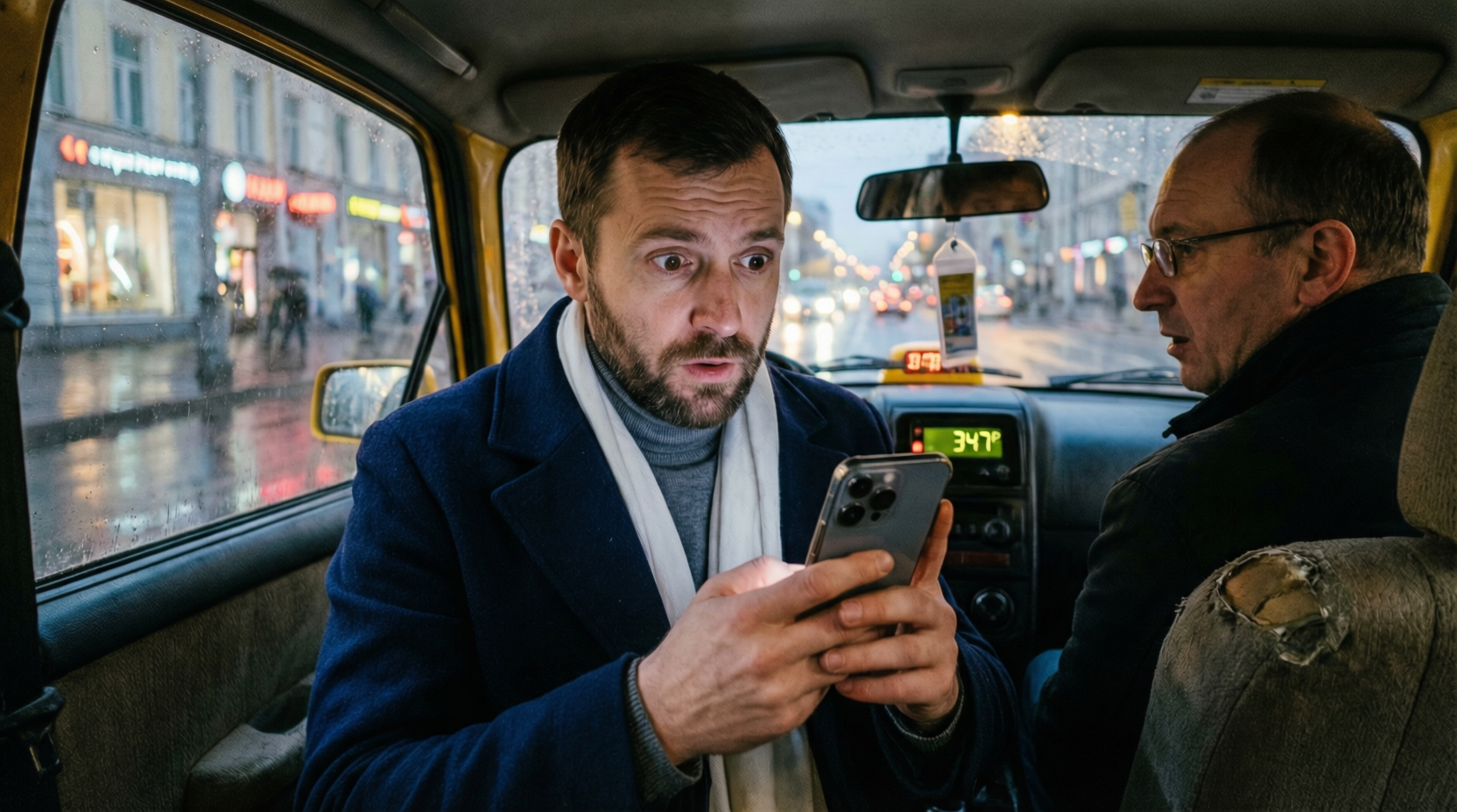 Мужчина с телефоном в такси, ИИ