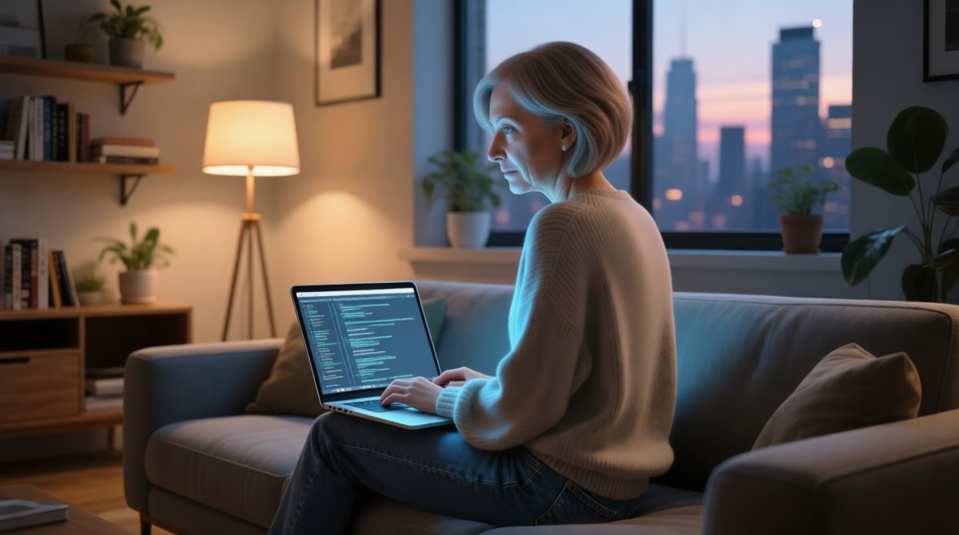 Пожилая женщина за компьютером, ИИ