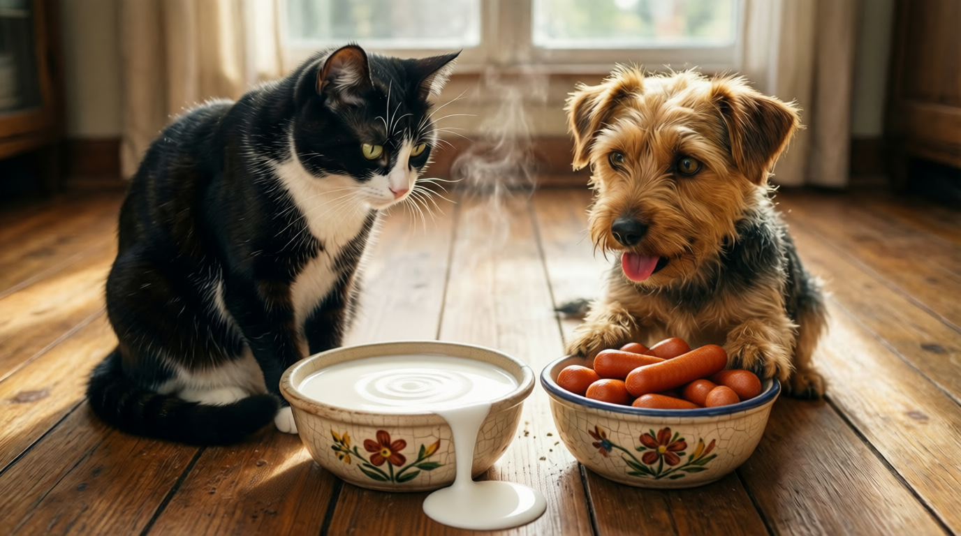 Собака и кот едят