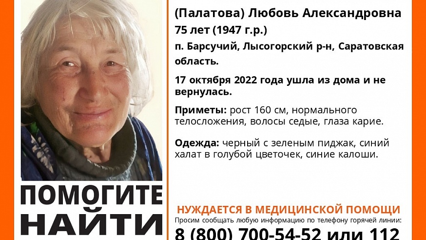 В Саратовской области пропала пожилая женщина в синем халате