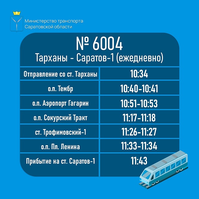 Расписание электрички Тарханы – Саратов-1 изменится с 1 августа