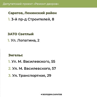 "Ремонт дворов": опубликованы дополнительные адреса в Саратове, Энгельсе и Светлом